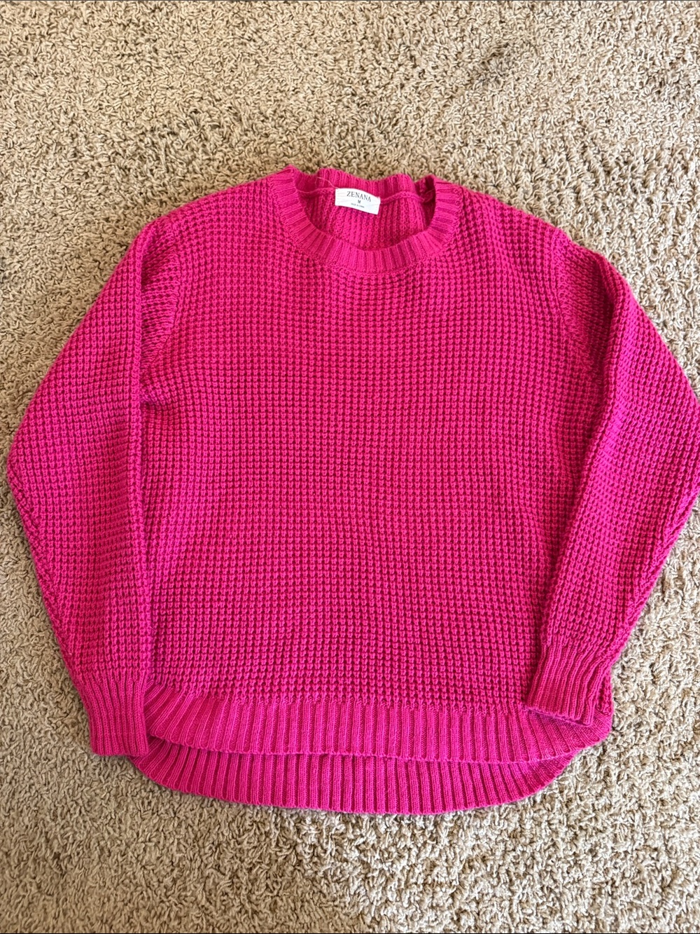 Zenana Outfitters Hot Pink Waffle Knit Crewneck Sweater